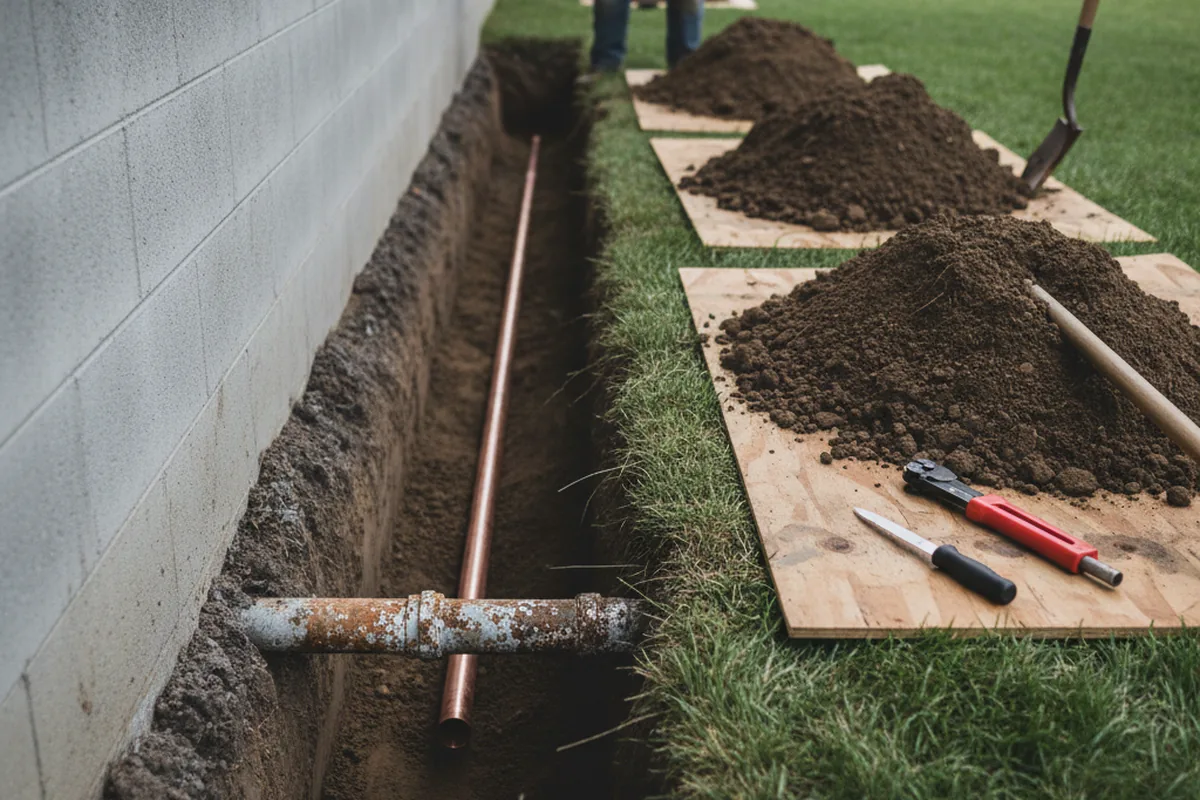 Excavated water line trench during Water Heater Repair in Attleboro